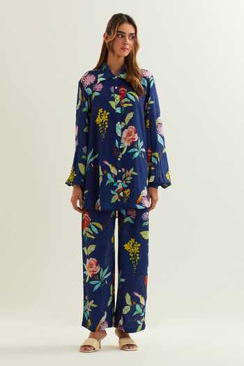 Women's Multi Color Silk Crepe Top & Belt French Moss Pant Co-Ord Sets - BlackBeads main image 1