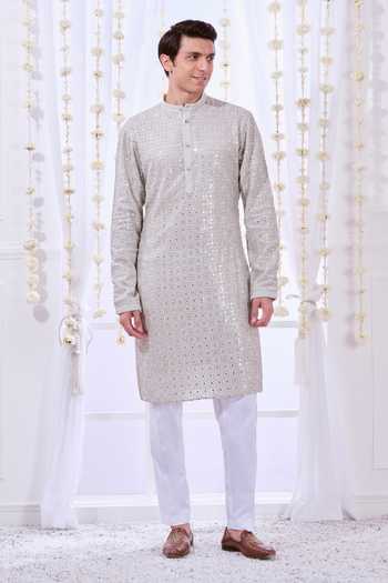 Men Grey Chikankari Embroidered And Sequence Kurta Only