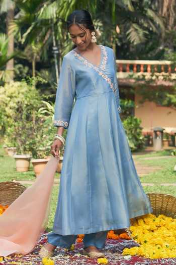 Pink Cotton Angarkha Kurta Set with Dupatta – Anarkali V-Neck