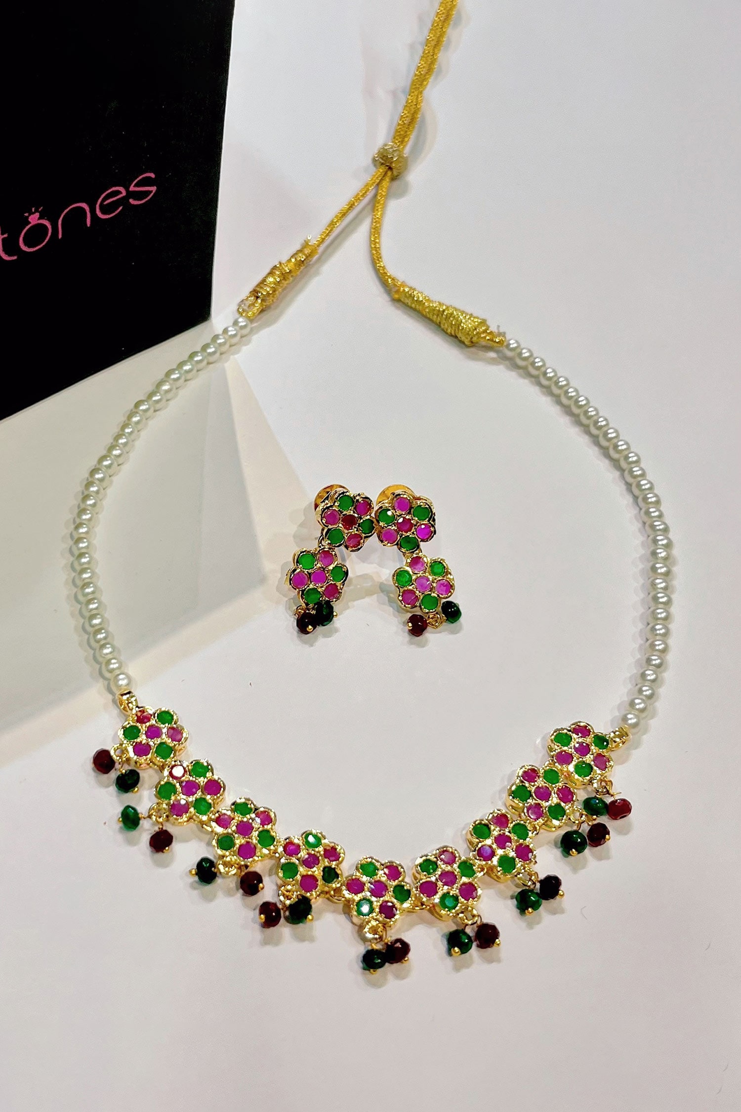 Buy Multi Color Stone Studded Floral Pearl Necklace Set By Prestones