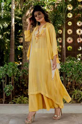 WomenYellow Muslin Embroidered V Neck Kurta Sets
