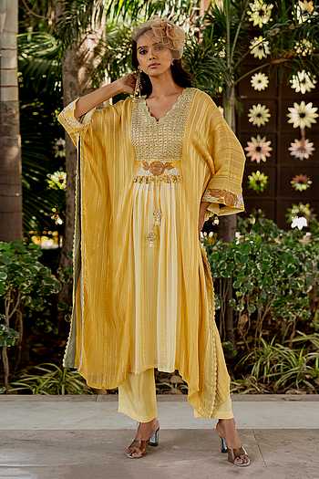 Women'S Yellow Rayon Kaftan Pant Set