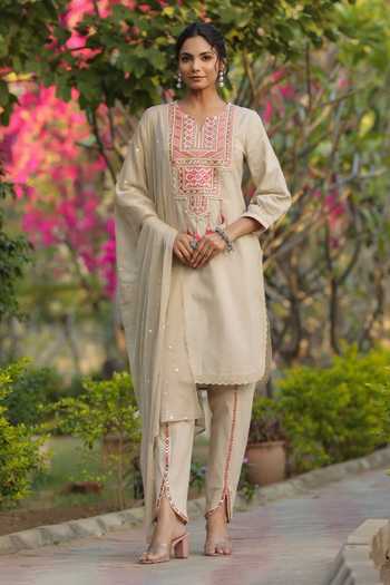 Beige Embroidered Viscose Rayon A-Line Kurta Salwar Set