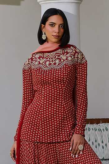 Buy Red Georgette, Organza, Satin Sequins, Sara Bandhani Pattern