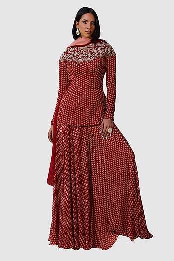 Buy Red Georgette, Organza, Satin Sequins, Sara Bandhani Pattern