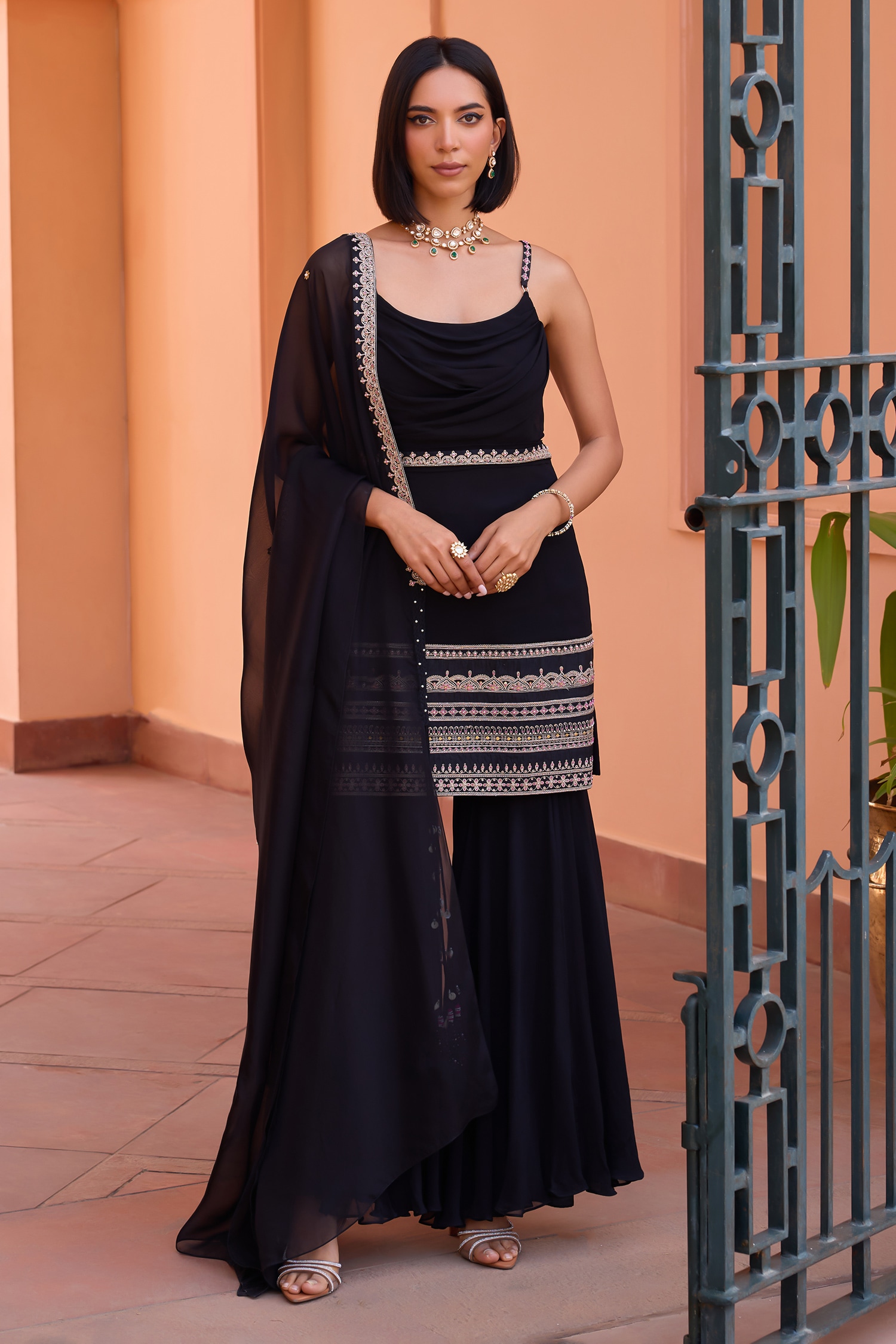 Buy Black Kurta And Sharara Georgette Embroidery Dori Adah Draped Set ...