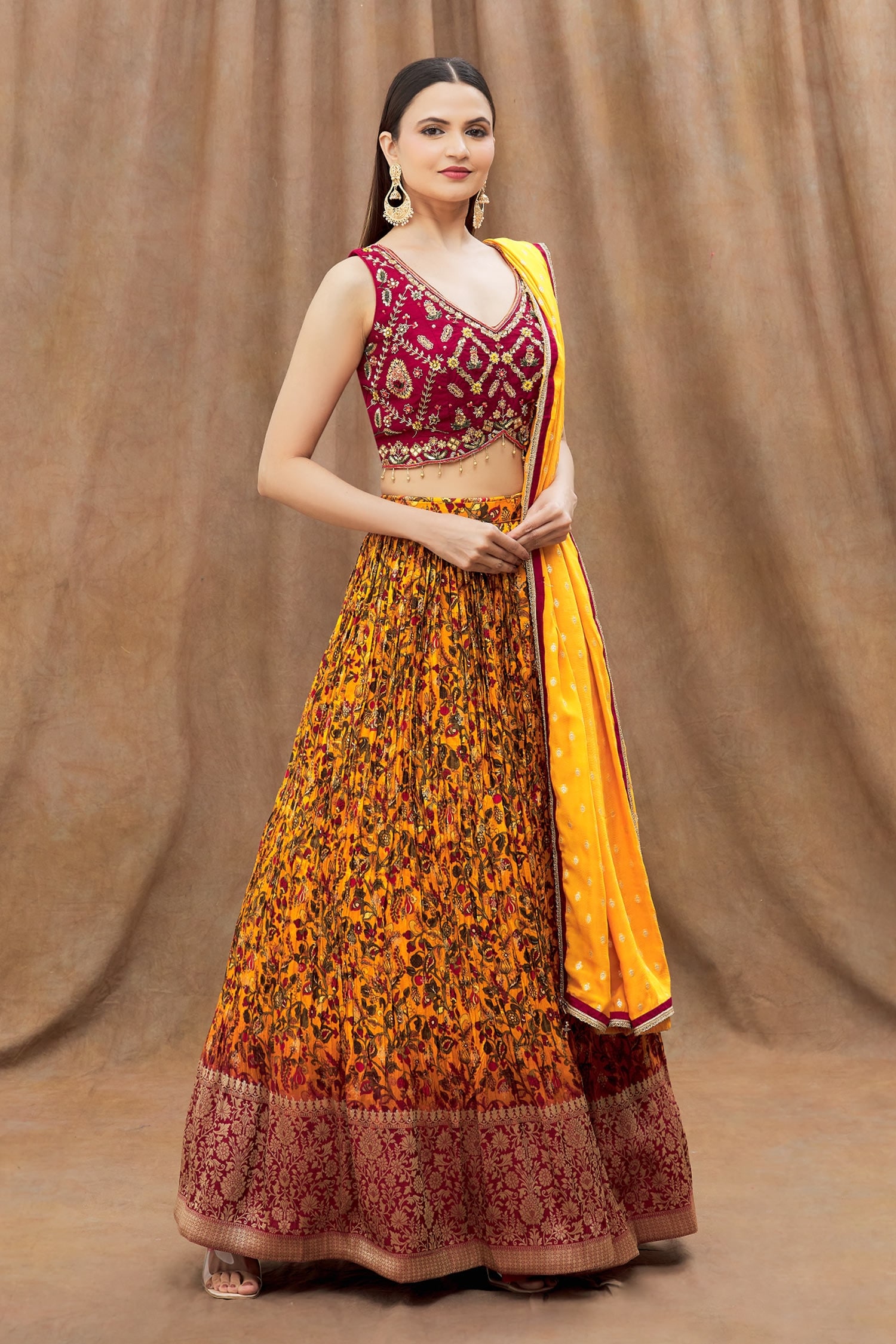 Maroon Satin Lehenga Choli with Rose Bail Resham-Swarovski Work and Yellow  Soft Net Dupatta | Exotic India Art