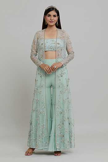 Women Blue Floral Sharara With Cape And Orange Crop Top