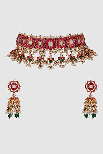 Elegant Ruby Floral Choker Set