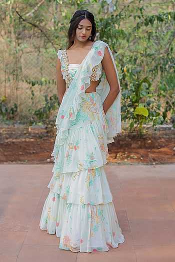 Gala Ready White Shimmer Saree with Faux Feathers and Blouse Fabric