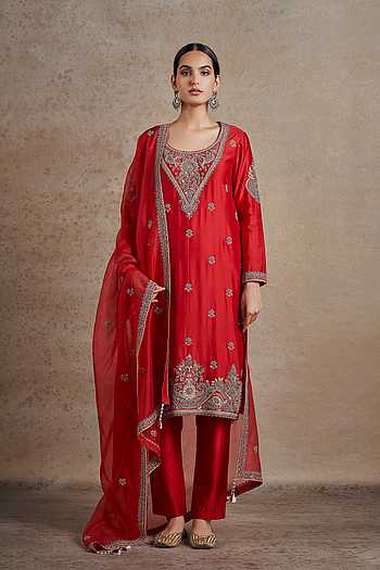 Ruby Red Embroidered Straight Kurta Set With Parallel Pants