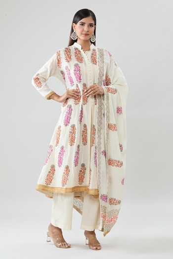 MULMUL AAHAN FLORAL JAAL HAND BLOCK PRINTED KURTA-PANT SET main image 0