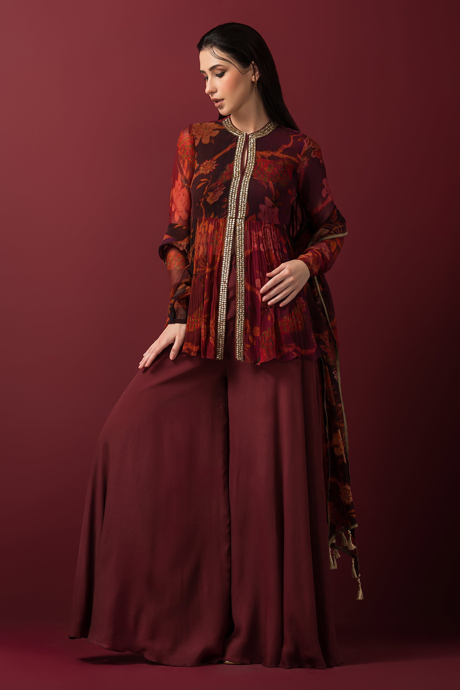 Buy Maroon Peplum Top And Dupatta Chiffon Printed Embroidered Sharara ...