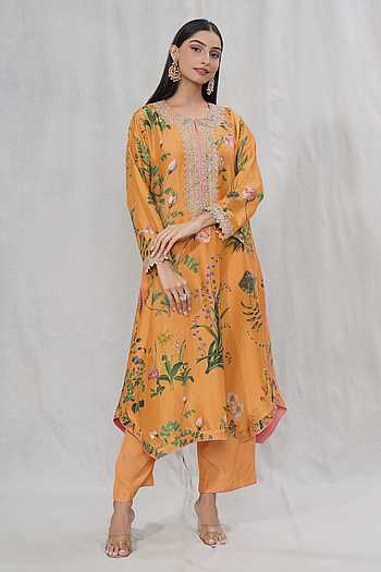 Orange Floral Printed Rayon A-Line Kurta and Parallel Pant Set