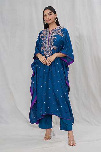 Buy Blue Dupion Silk Embroidered Floral Notched Kaftan And Pant