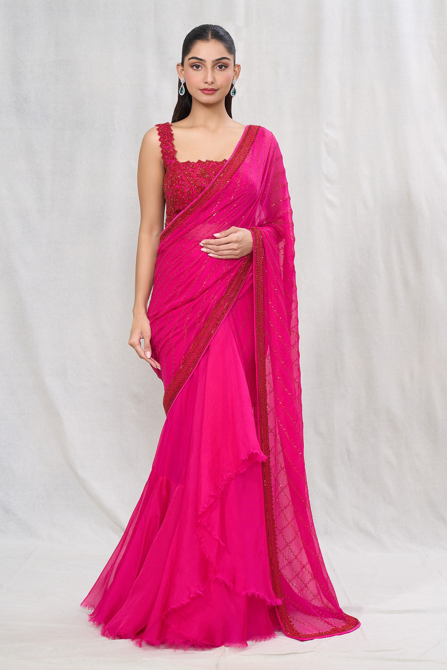 Buy Pink Chiffon Embroidered Floral Pre-draped Sequin Saree With Blouse ...