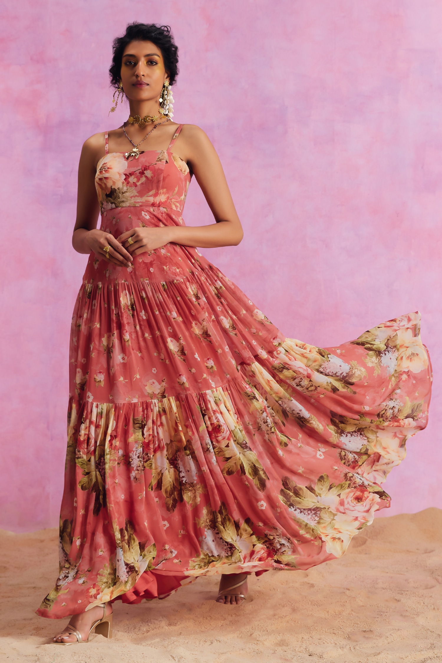 Buy Pink Viscose Georgette Urika Tiered Pleated Floral Pattern Dress ...