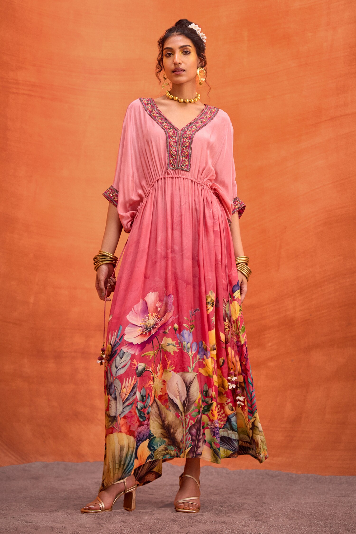 Buy Pink Viscose Crepe Print Bloom V Neck Bianca Botanic Kaftan For ...