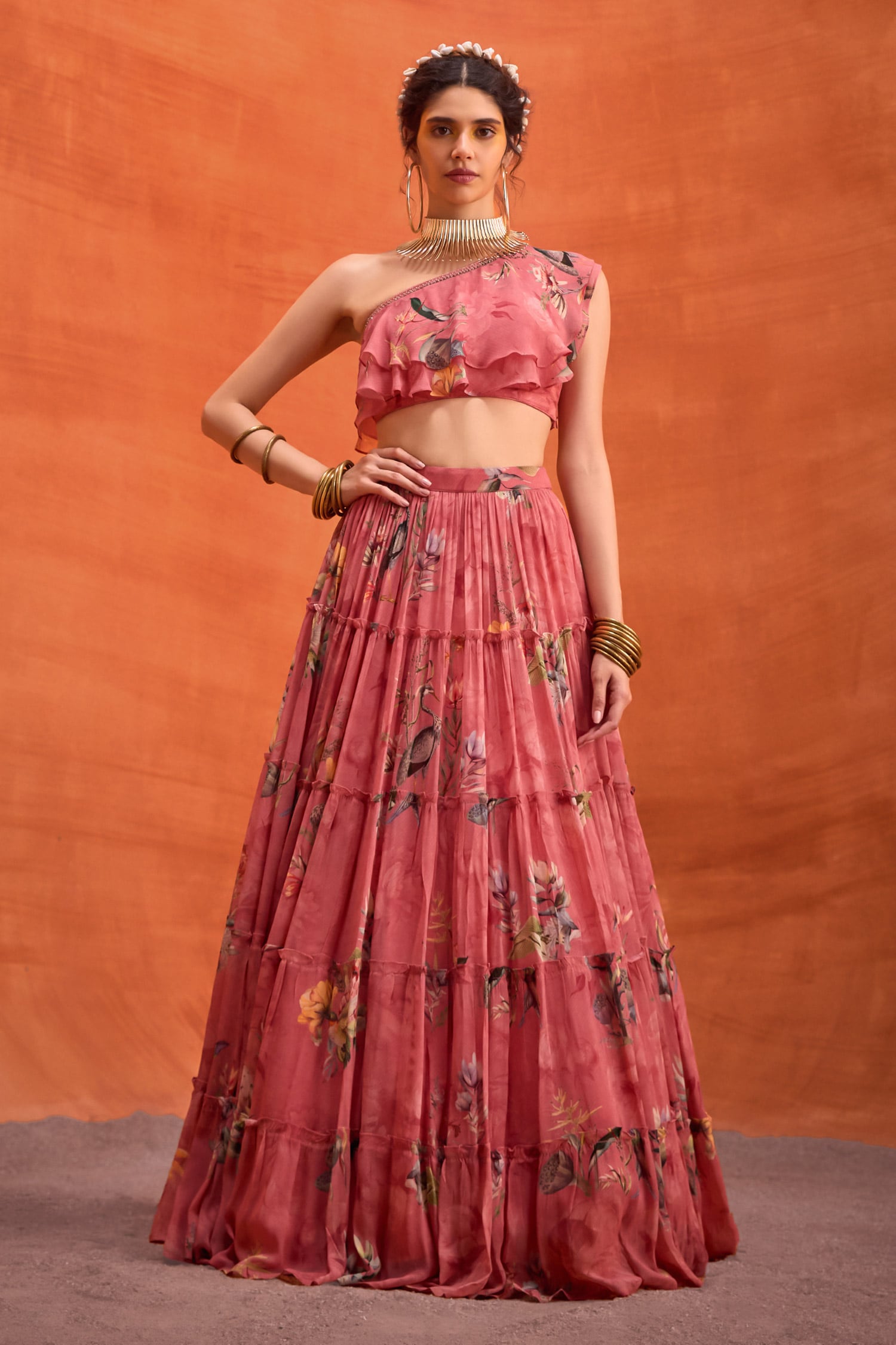 Buy Pink Viscose Georgette Delphine Ruffle Blouse With Tiered Skirt For ...