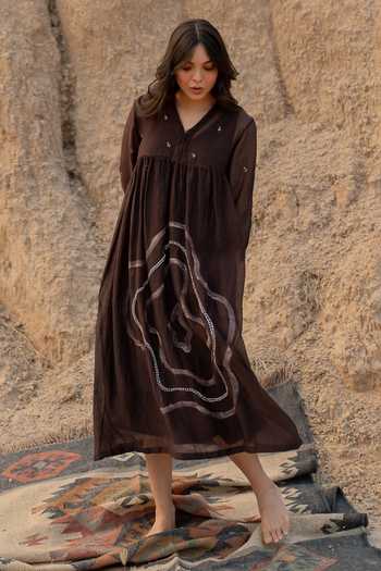 Mustard Printed Chanderi A-Line Jacket Style Dress | Rescue main image 1