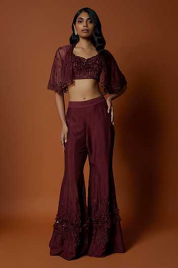 Off White Chinon Multocolored Thread Work Cape Sharara Set