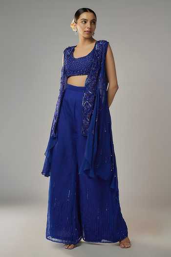 Teal calligraphy print bustier & pant with organza jacket set main image 0