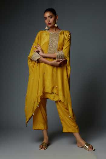 Girls Yellow Kaftan With Red Inner And Trousers