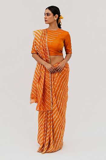 Orange Leheriya Printed Silk Blend Saree With Unstitched Blouse Piece