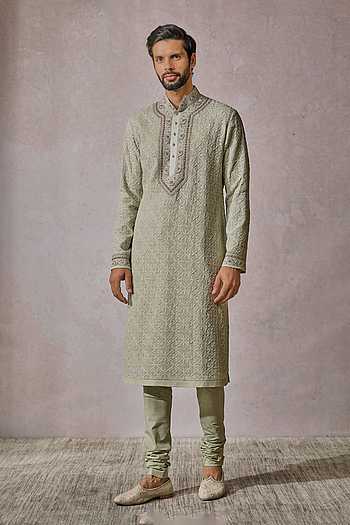 Men Grey Chikankari Kurta With Churidar
