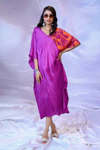 Siarra Purple Satin, Chiffon V-Neck Leaf Print Panel Dress| AZA Fashions| Brunch,Party