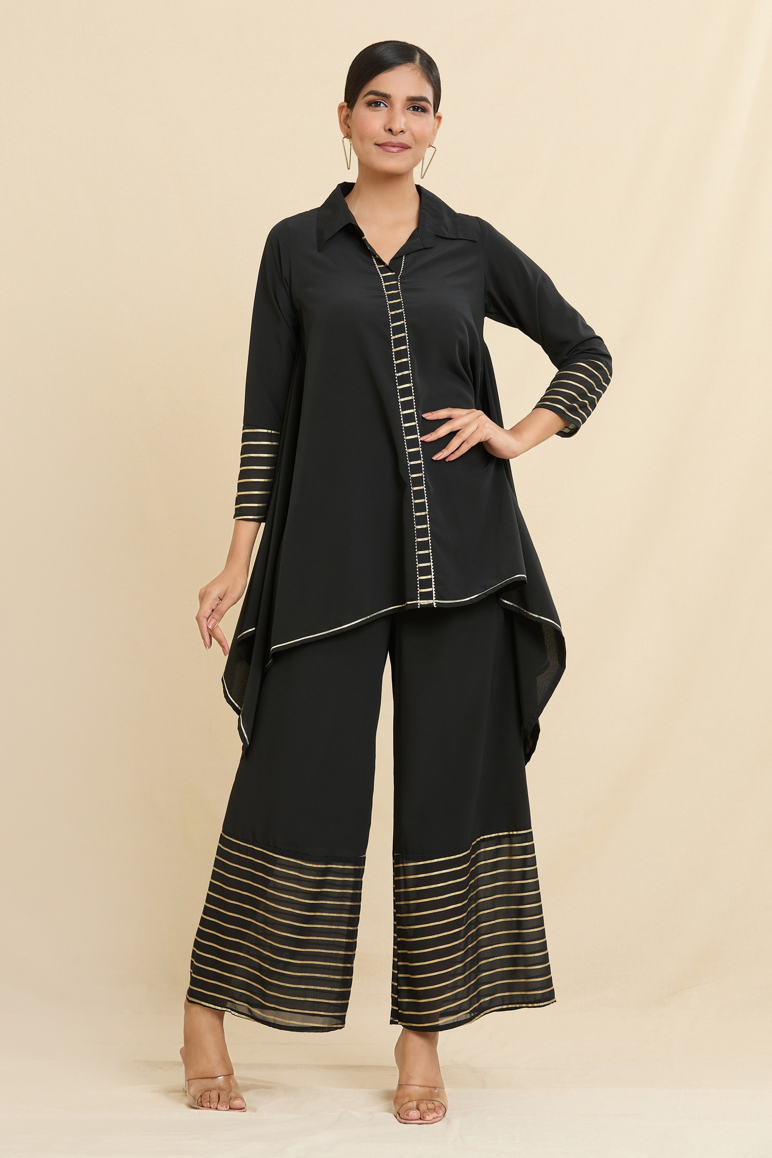 Buy Black Crepe Solid Collared Asymmetric Embroidered Tunic And Palazzo ...