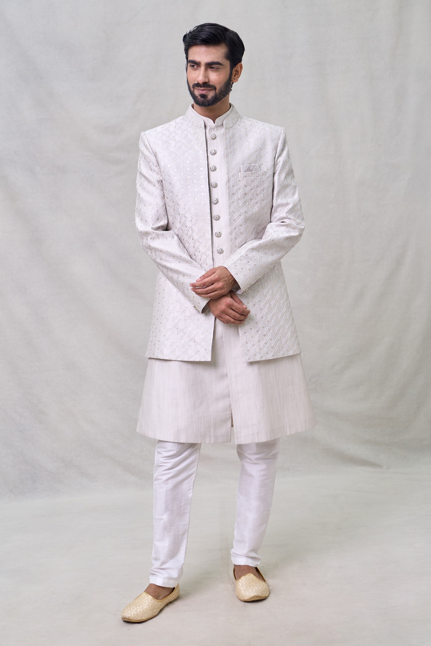 Embroidered Short Sherwani Jacket Aligadhi Pant Set 