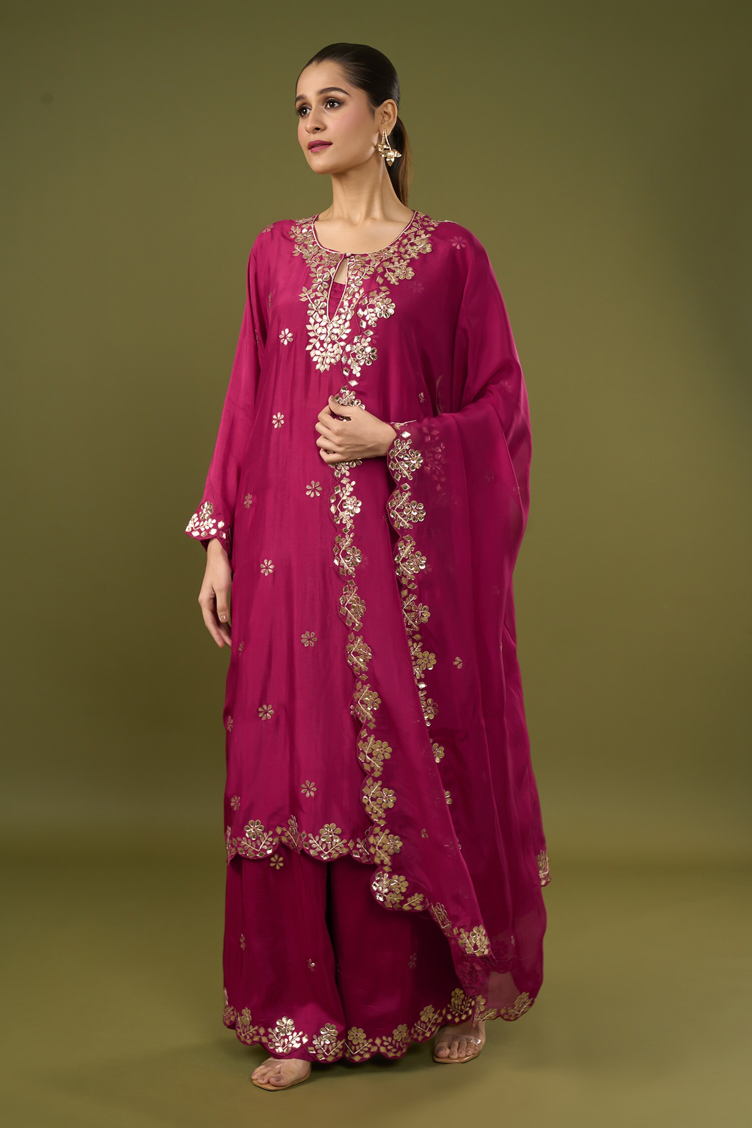 Buy Magenta Silk Embellished Gota Keyhole Floral Kurta Palazzo Set For ...