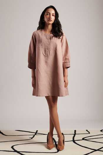 Buy Pink Linen Round Neck Zarah Plain Dress For Women by Moh India Online  at Aza Fashions.