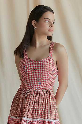 Buy Red Cotton Lace Sweetheart Neck Checkered Pattern Tiered Maxi