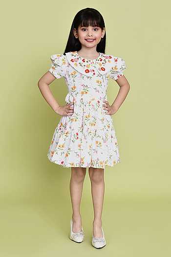 Girls Regular Fit White Cotton Printed Dress