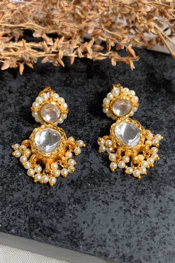 Gold White Polki Earrings With Elegant Detail