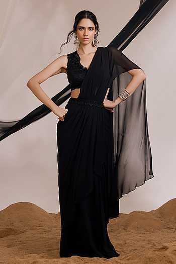 Pre-Draped 1-Minute Black Satin Saree with Big diamonds  and Blouse Fabric