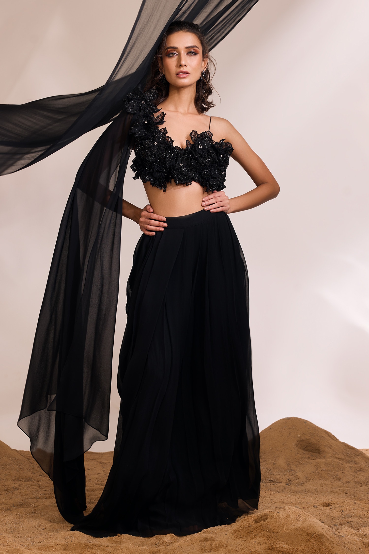 Buy Black Blouse Chanderi Silk Embellished Harmony And Draped Skirt Set ...