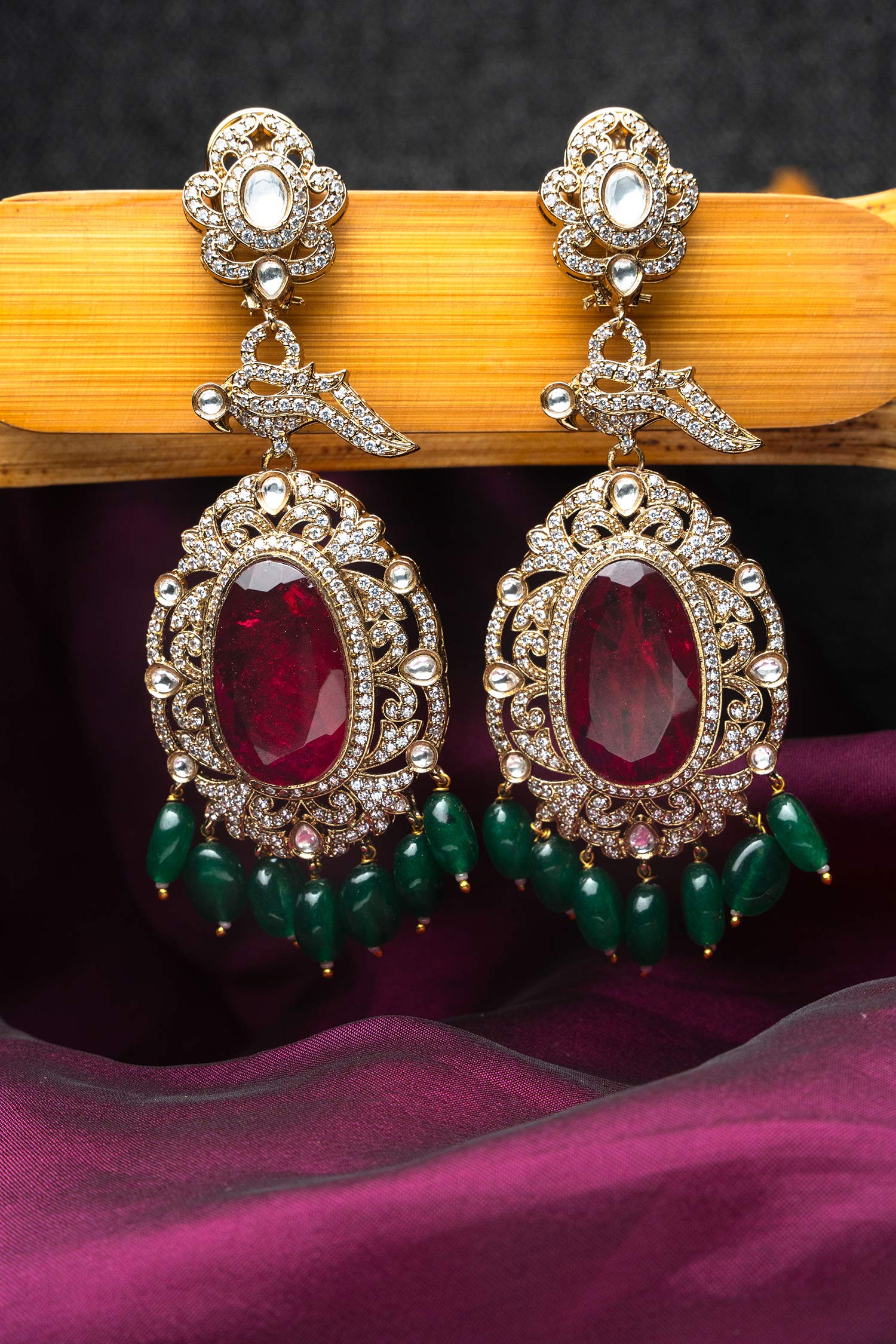 Buy Gold Plated Cz Feathered Beauty Stone Bead Drop Earrings By Nayaab 