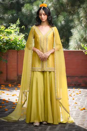 Old Rose Double Layer Tunic And Pants In Silk Chanderi main image 0