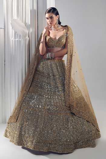 Gold Crush Embroidered Lehenga Set With Peplum Blouse And Heavy Sequins Dupatta