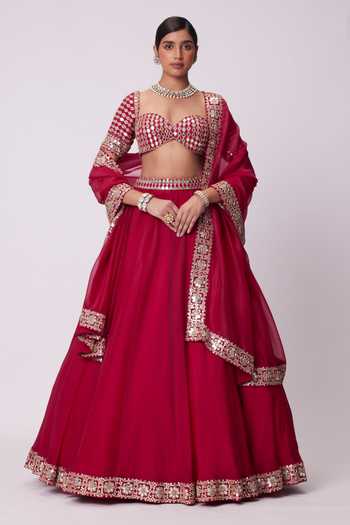 Hand Embroidered Flared Red Georgette Organza Dress