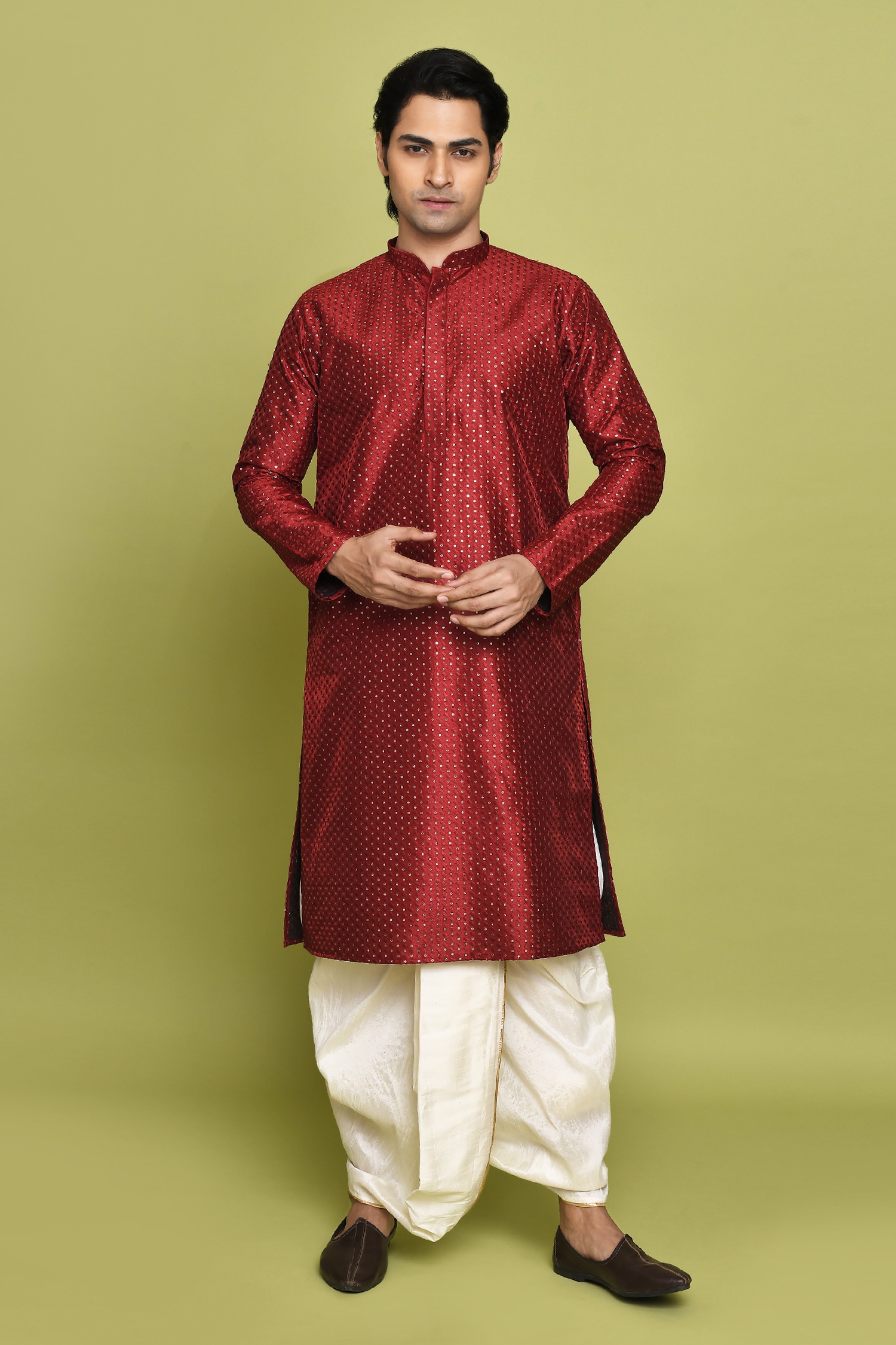 Buy Cream Dupion Art Silk Embroidered Tikki Kurta With Dhoti For Men by ...