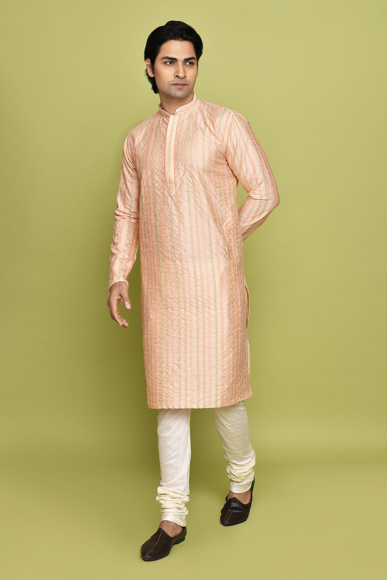 Foliage Embroidered Kurta With Churidar  For Kids