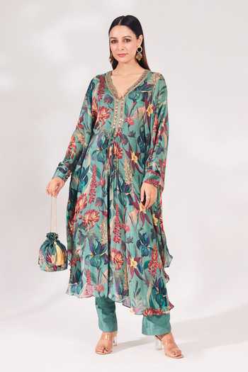 Chinnon crepe kaftan pant set with black and white work