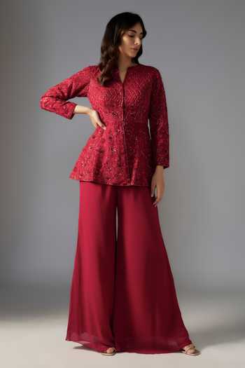 Ruched layered jacket with beaded foil bustier and sharara