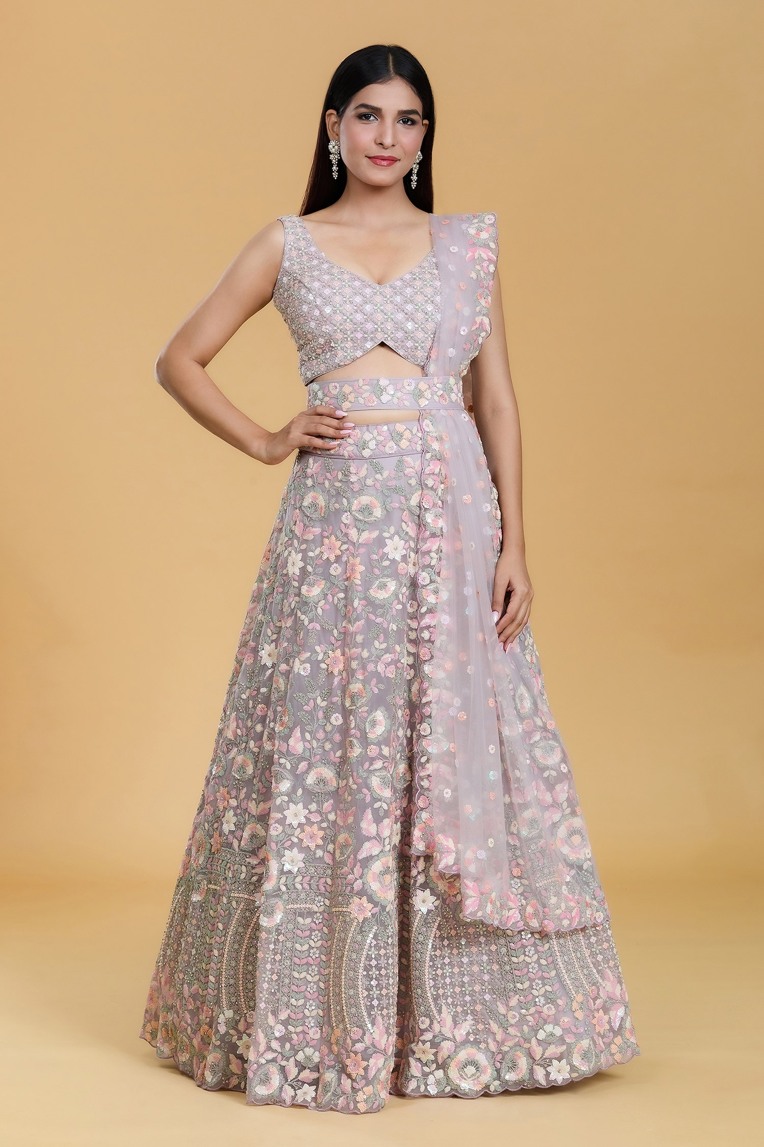 Sequin Floral Embroidered Lehenga Set 