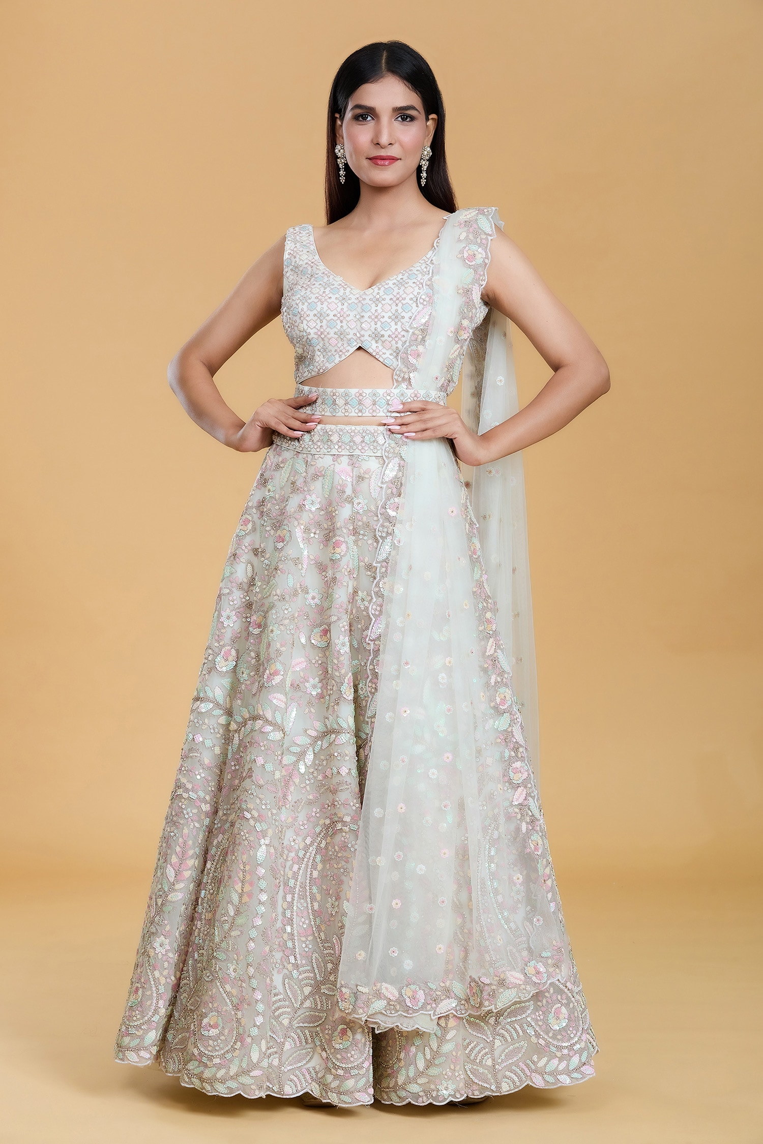 Sequin Flower Embroidered Lehenga Set 