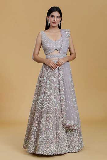 Buy Purple Net Embroidery Floral V Neck Sequin Flower Bloom Lehenga Set ...